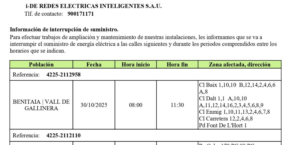 Informació d'Iberdrola sobre talls de llum